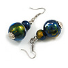 Dark Blue/Gold/White Double Bead Wood Drop Earrings - 60mm L