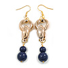 Long Gold Acrylic Link and Blue Ceramic Bead Dangle Earrings in Gold Tone - 80mm L