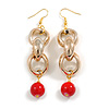 Long Gold Acrylic Link and Red Ceramic Bead Dangle Earrings in Gold Tone - 85mm L