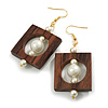 Stylish Square Wood Pearl Bead Drop Earrings - 70mm Long