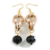 Long Gold Acrylic Link and Black Faceted Glass Bead Dangle Earrings in Gold Tone - 75mm L
