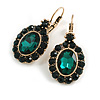 Oval Emerald Green/Dark Green Crystal Drop Earrings with Leverback Closure In Gold Tone - 40mm L