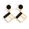 Black/White/Cream Enamel Square/Geometric Drop Earrings in Gold Tone - 50mm L