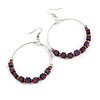 55mm D/Purple Wood and Glass Bead Hoop Earrings in Silver Tone - 75mm Tall