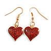 Red Glittering Heart Drop Earrings in Gold Tone - 40mm Long