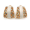 C Shape AB Crystal White Enamel Clip On Earrings in Gold Tone - 20mm Tall