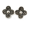 Hematite Crystal Four Petal Flower Clip On Earrings in Aged Silver Tone - 20mm Tall