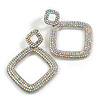 Statement Double Square AB Crystal Drop Earrings in Silver Tone - 65mm Long