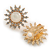 Clear Crystal Natural Acrylic Stone Floral Clip On Earrings in Gold Tone - 25mm Diameter