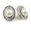Oval Crystal Faux Pearl Bead Clip On Earrings in Silver Tone - 20mm Tall