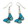 Aqua/Sky Blue Butterfly Drop Earrings in Silver Tone - 40mm Drop