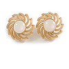 Faux Cat Eye Stone Flower Clip On Earrings In Gold Tone Metal - 23mm Diameter