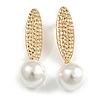 Modern Hammered Leaf with Dangle Simulated Pearl Bead Earrings in Gold Tone - 60mm L