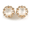 Crystal Faux Cat Eye Bead Floral Clip On Earrings in Gold Tone - 18mm D