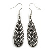 Marcasite Style Teardrop Etched Earrings in Aged Silver Tone - 60mm Long