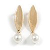 Modern Leaf with Dangle Simulated Pearl Bead Earrings in Gold Tone - 60mm L