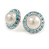 White Faux Pearl Light Blue Crystal Button Shape Stud Earrings in Silver Tone - 18mm D