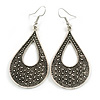 Marcasite Style Loop Etched Earrings in Aged Silver Tone - 65mm Long