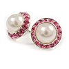 White Faux Pearl Pink Crystal Button Shape Stud Earrings in Silver Tone - 18mm D