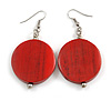 30mm Red Painted Wood Coin Drop Earrings - 60mm L