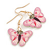 Pink/White Enamel Butterfly Drop Earrings in Gold Tone - 40mm Long