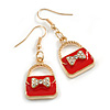 Red Enamel with Crystal Bow Bag Drop Earrings in Gold Tone - 45mm Long