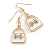 White Enamel with Crystal Bow Bag Drop Earrings in Gold Tone - 45mm Long
