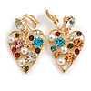 Multicoloured Crystal Heart Clip On Earrings in Gold Tone - 40mm Tall