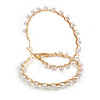 Large Twisted Hoop Earrings with Faux Pearl Bead Element in Gold Tone/ 50mm Diameter