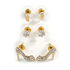 3 Pair Set of Shoe/Hook/Round Crystal Stud Earrings in Gold Tone