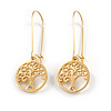 Gold Tone Tree of Life Round Drop Earrings with Kidney Wire Hooks - 35mm Long