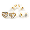 Set of 3 Stud Earrings in Gold Tone Crystal Pearl Heart/5mm/7mm Round Clear Crystal Bead