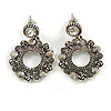 Vintage Inspired Textured Circles with Hematite Crystals Drop Earrings in Aged Silver Tone - 35mm L