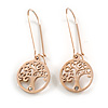 Rose Gold Tone Tree of Life Round Drop Earrings with Kidney Wire Hooks - 35mm Long