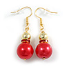 Red Glass/ Gold Acrylic Bead with Red Crystal Ring Drop Earrings in Gold Tone - 50mm L