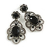 Victorian Style Filigree Black Crystal Clip On Earrings in Aged Silver Tone - 45mm L