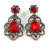 Victorian Style Filigree Red Crystal Clip On Earrings in Aged Silver Tone - 45mm L