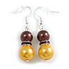 Graduated Brown/Yellow Glass Bead with Brown Crystal Ring Drop Earrings - 45mm L