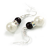 White/Black Glass Bead with AB Crystal Ring Drop Earrings in Silver Tone - 45mm Drop