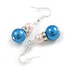 Pale Pink/Blue Glass Bead with AB Crystal Ring Drop Earrings in Silver Tone - 45mm Drop