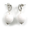 White Acrylic Bead Drop Earrings in Silver Tone - 30mm Long