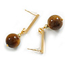 12mm Tiger Eye Round Stone with Gold Tone Bar Drop Earrings - 40mm Long