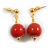 15mm Red Ceramic Bead Drop Earrings in Gold Tone - 30mm L