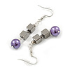 Silver Grey/ Purple Acrylic and Glass Bead Drop Earrings - 60mm Long