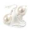 Oval Shaped White Lustrous Glass Pearl Drop Earrings with 925 Sterling Silver Fish Hook Closure/ 40mm Long