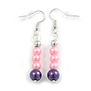 Pink/Purple Glass Bead Drop Earrings in Silver Tone - 50mm Long
