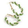 Large Green/White Beaded Oval Hoop Earrings in Gold Tone - 50mm Tall
