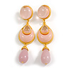 Long Light Pink Acrylic Bead Dangle Earrings in Gold Tone - 85mm Long