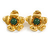 Gold Tone Textured with Green Bead Flower Stud Earrings - 30mm D