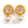 Round Pink Acrylic Bead Button White Faux Pearl Drop Earrings in Bright Gold Tone - 45mm Long